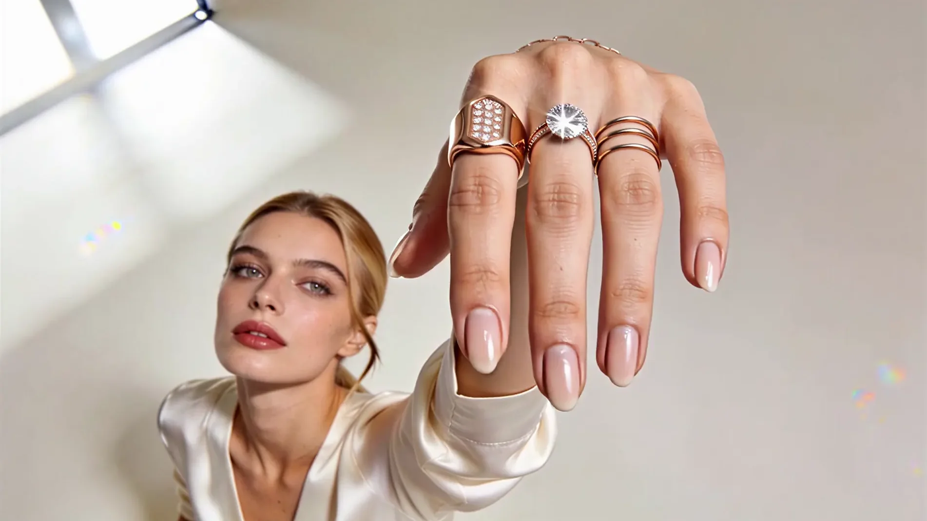 Wide frame of the campaign: the model with her hand raised.